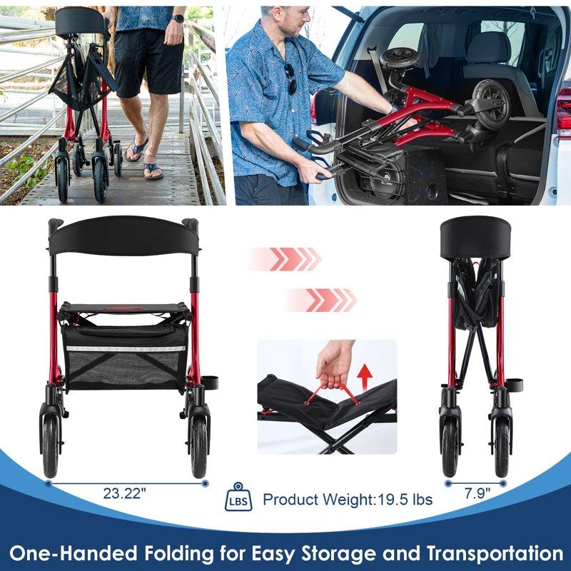 MAXWALK All-Terrain Rollator Walker For Seniors 10" Rubber Wheels Foldable Walker With Padded Seat Adjustable Mobility Walking Aid Red