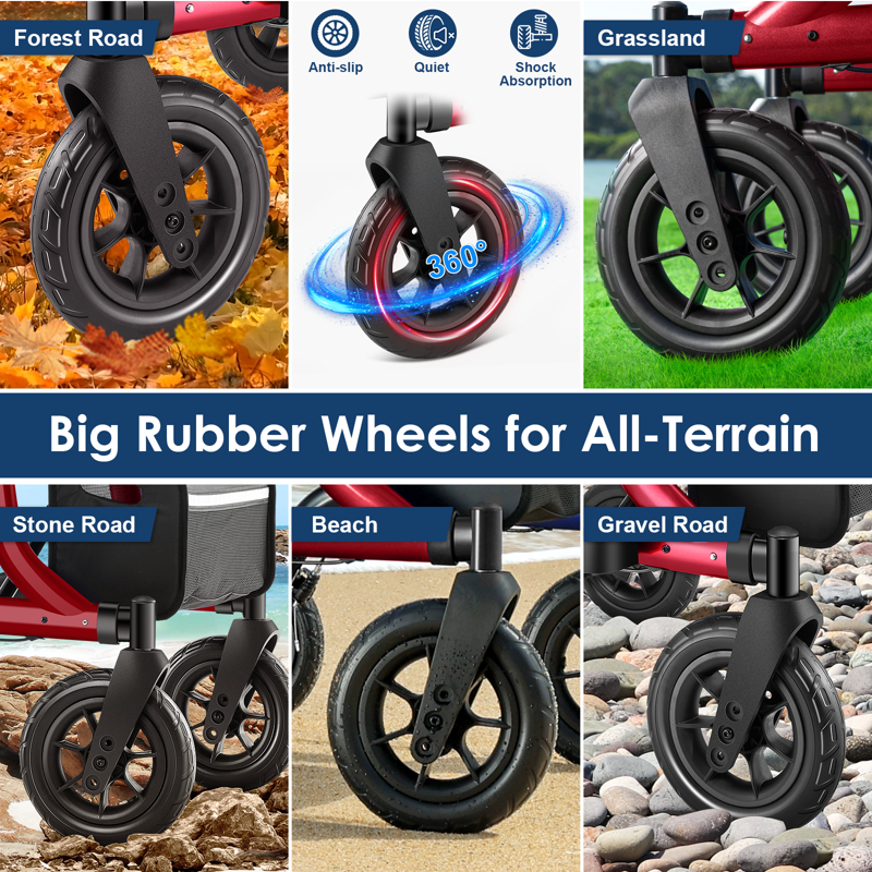 MAXWALK All-Terrain Rollator Walker For Seniors 10" Rubber Wheels Foldable Walker With Padded Seat Adjustable Mobility Walking Aid Red