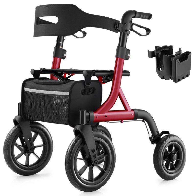 MAXWALK Rollator Walker For Seniors 12" Big Rubber Wheels Foldable All Terrain Outdoor Aluminum Rolling Walker With Breathable Mesh Backrest Height Adjustment For 5-6.5ft Red