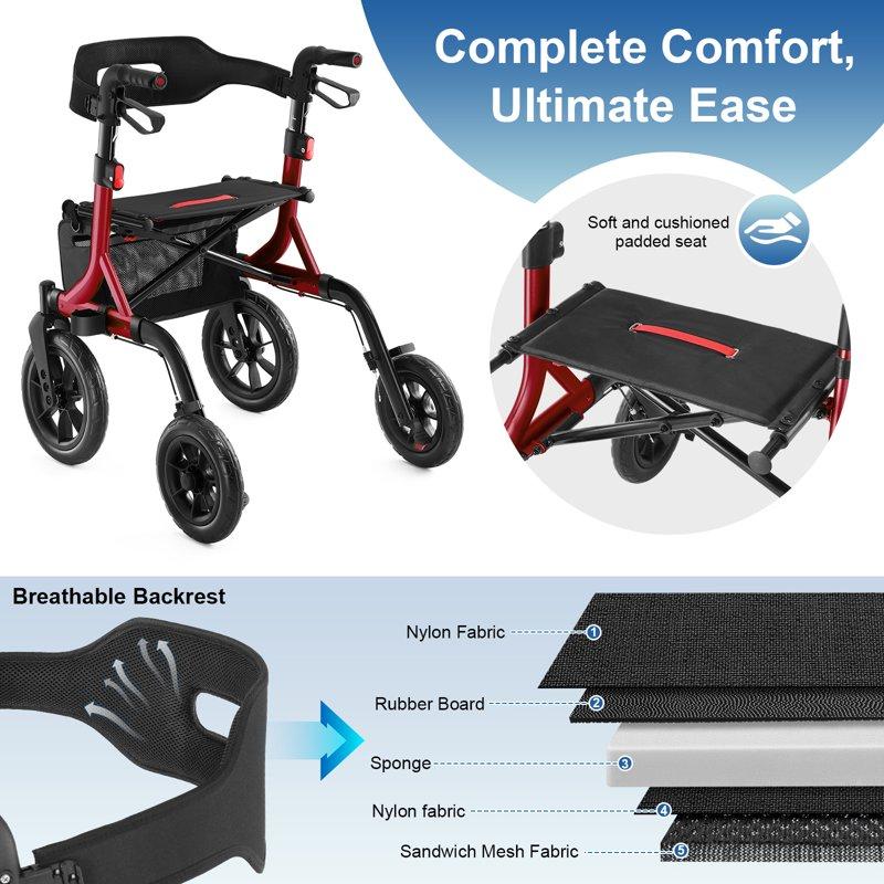 MAXWALK Rollator Walker For Seniors 12" Big Rubber Wheels Foldable All Terrain Outdoor Aluminum Rolling Walker With Breathable Mesh Backrest Height Adjustment For 5-6.5ft Red