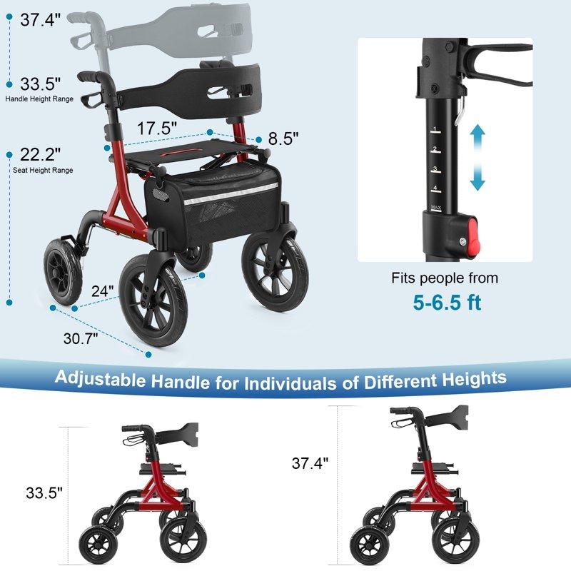 MAXWALK Rollator Walker For Seniors 12" Big Rubber Wheels Foldable All Terrain Outdoor Aluminum Rolling Walker With Breathable Mesh Backrest Height Adjustment For 5-6.5ft Red