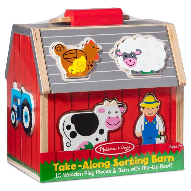 Melissa & Doug Wooden Take-Along Sorting Barn Toy With Flip-Up Roof And Handle 10 Wooden Farm Play Pieces