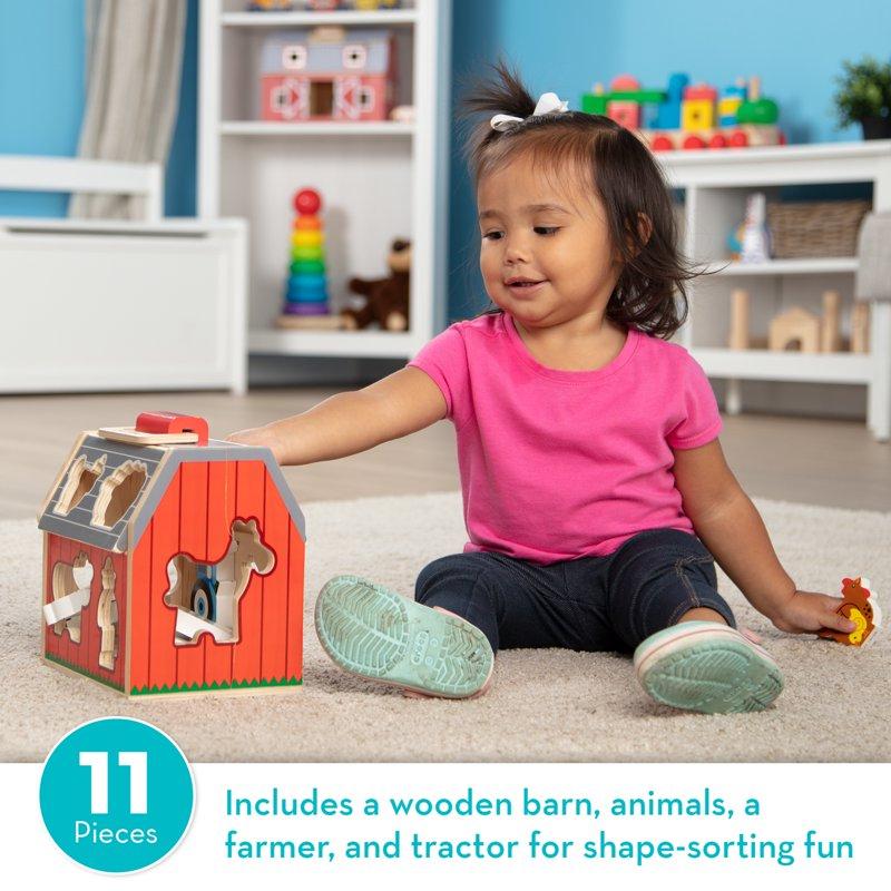 Melissa & Doug Wooden Take-Along Sorting Barn Toy With Flip-Up Roof And Handle 10 Wooden Farm Play Pieces