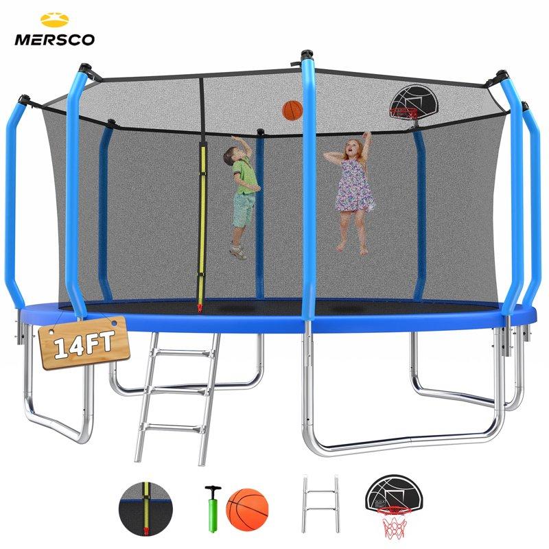 Mersco 14ft Trampoline For Kids And Adults Upgraded Outdoor Trampoline With Capacity For 6 S Recreational Round Trampoline With Basketball And Hoop & Enclosure Net Blue