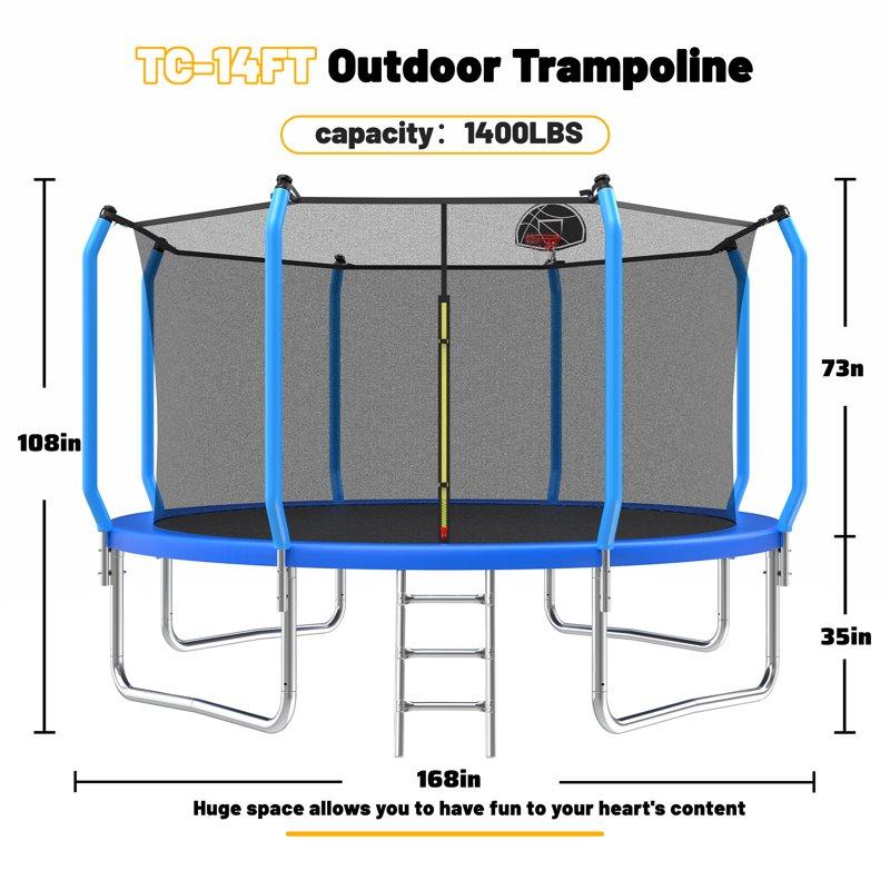 Mersco 14ft Trampoline For Kids And Adults Upgraded Outdoor Trampoline With Capacity For 6 S Recreational Round Trampoline With Basketball And Hoop & Enclosure Net Blue