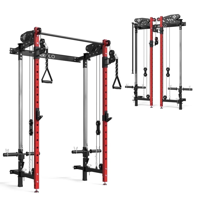 Mikolo Foldable Power Rack Cage 1000lbs Capacity Wall Mounted Squat Rack with independent pulley system Space Saving Home Gym Equipment with 5 Adjustable Angle