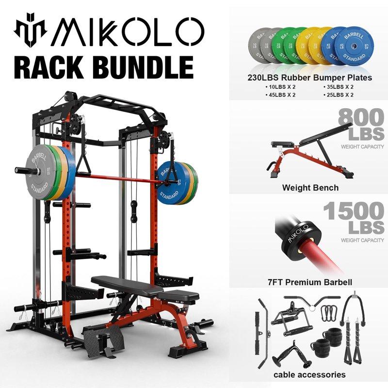 Mikolo Power Cage Squat Rack with Dual Pulley Cable Crossover System Multifunction Free Weight Home Gym Workout Machine with Attachments 230LB Plates (Red 230)
