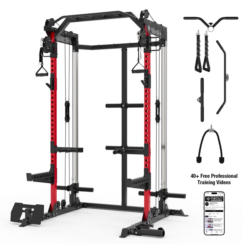Mikolo Power Rack Cage Weight Rack with Dual Pulley Cable Crossover Machine Multi-Function Squat Rack with J Hooks Dip Bars and Landmine for Home Gym