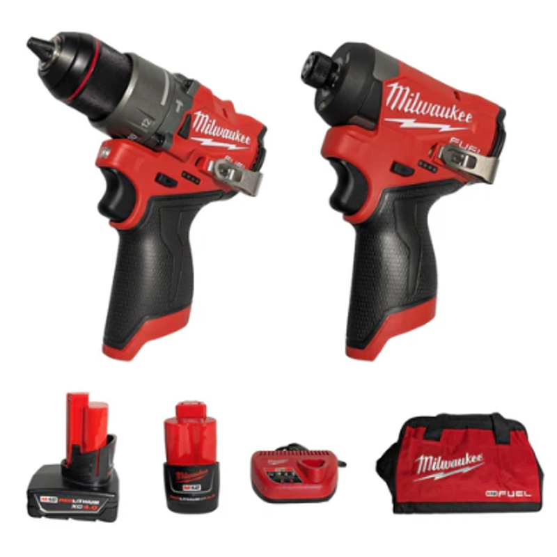 Milwaukee M12 FUEL 12V Lithium-Ion Brushless Cordless 2-Tool Combo Kit – 1/2" Hammer Drill & 1/4" Impact Driver with 2 Batteries Charger & Bag (Model 3497-22)