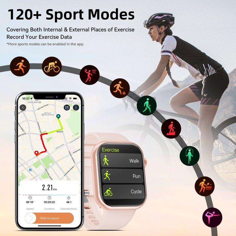 Mingdaln 1.85-inch Men Womens Smartwatch With Bluetooth Answer/Make Calls/120+Sports Modes/10 Days Standby Rugged IP68 Waterproof Fitness Tracker Fits For Android Iphone Devices Perfect Gift(Pink)