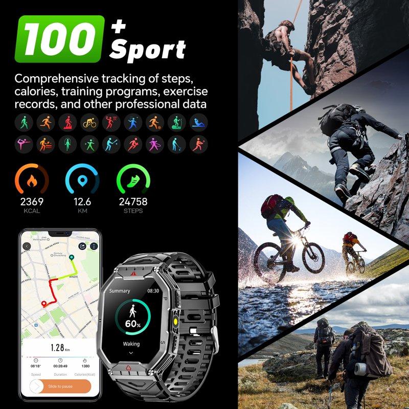 Mingdaln 2.1-inch AMOLED Men Military Smartwatch With Fitness Tracker/ Answer Make Calls /100+ Sport Modes/1ATM Waterproof Mountain Travel Pedometer Watch Fits For Android And Iphone Devices (Black)