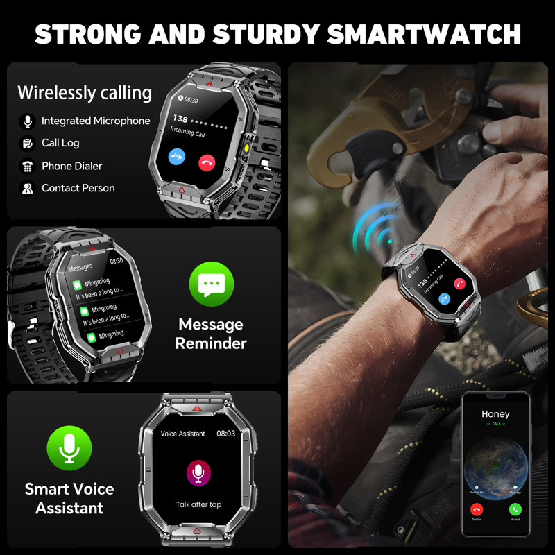 Mingdaln 2.1-inch AMOLED Men Military Smartwatch With Fitness Tracker/ Answer Make Calls /100+ Sport Modes/1ATM Waterproof Mountain Travel Pedometer Watch Fits For Android And Iphone Devices (Black)