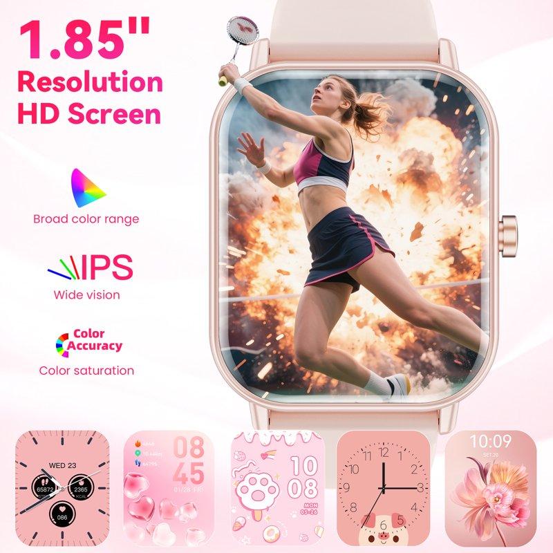 Mingwear 1.85-Inch Men's And Women's Smartwatch Fits For Android And IPhone Devices With Fitness Tracker Pedometer Answer/Call/120 Sport Modes IP68 Waterproof Fitness Watch (Pink)