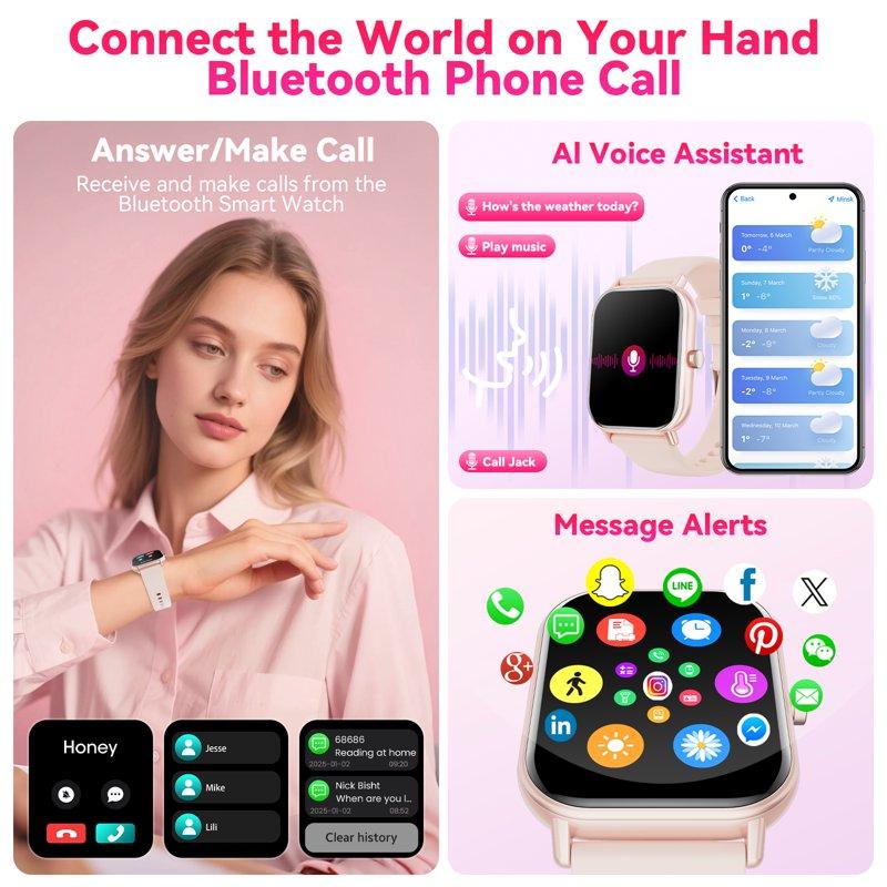 Mingwear 1.85-Inch Men's And Women's Smartwatch Fits For Android And IPhone Devices With Fitness Tracker Pedometer Answer/Call/120 Sport Modes IP68 Waterproof Fitness Watch (Pink)