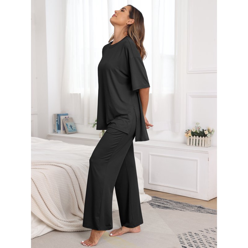 MINTREUS Lounge Sets For Women Knit Short Sleeve Tops And Long Pants Soft Comfy Pajamas Set Oversized 2 Piece Outfits