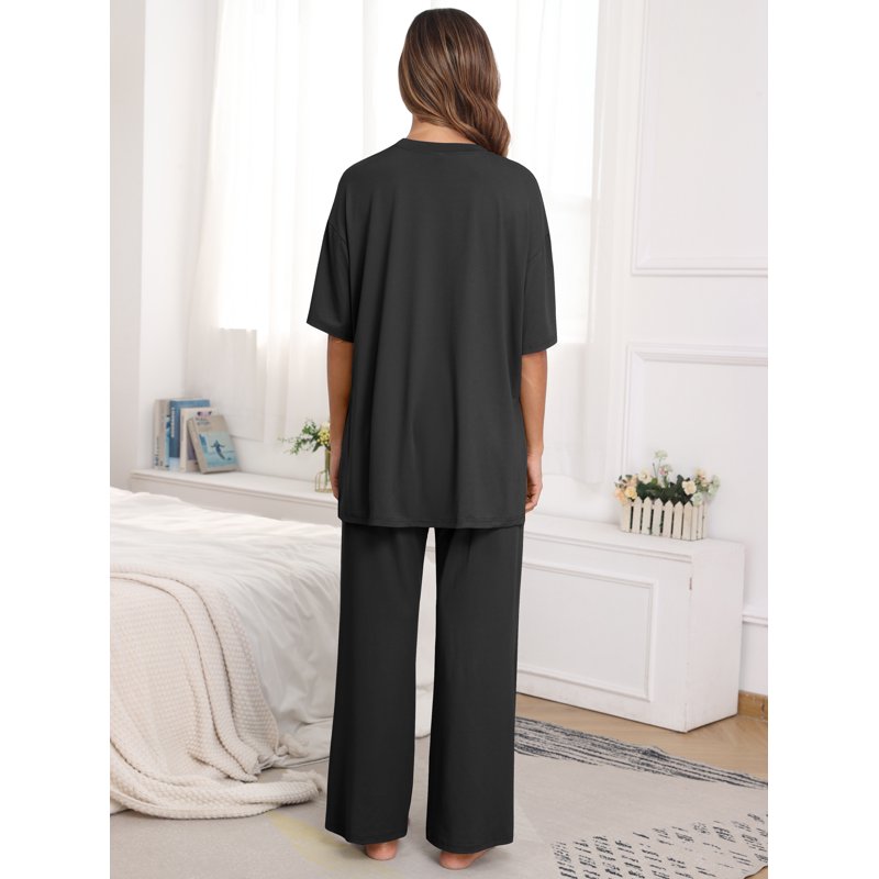 MINTREUS Lounge Sets For Women Knit Short Sleeve Tops And Long Pants Soft Comfy Pajamas Set Oversized 2 Piece Outfits