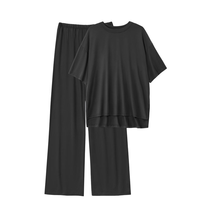 MINTREUS Lounge Sets for Women Knit Short Sleeve Tops and Long Pants Soft Comfy Pajamas Set Oversized 2 Piece Outfits