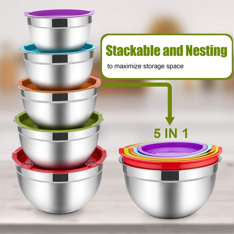 Mixing Bowls With Lids Set Of 5 Vesteel Stainless Steel Mixing Bowls Metal Nesting Salad Bowls Size 4.5 3 1.5 1 0.7 QT Great For Cooking Baking Serving - Multi-Color