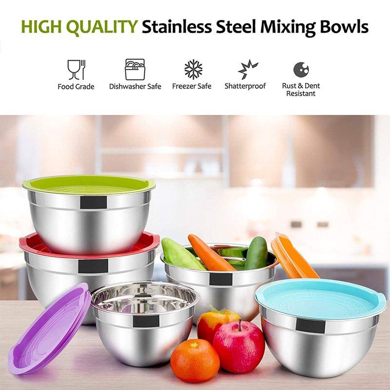 Mixing Bowls With Lids Set Of 5 Vesteel Stainless Steel Mixing Bowls Metal Nesting Salad Bowls Size 4.5 3 1.5 1 0.7 QT Great For Cooking Baking Serving - Multi-Color