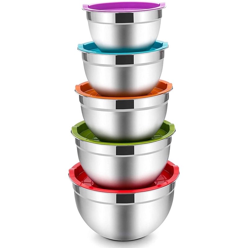 Mixing Bowls with Lids Set of 5 Vesteel Stainless Steel Mixing Bowls Metal Nesting Salad Bowls Size 4.5 3 1.5 1 0.7 QT Great for Cooking Baking Serving - Multi-Color