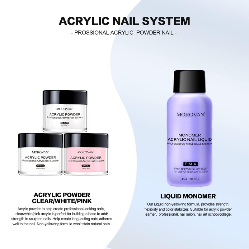 Morovan Acrylic Nail Kit - Clear Pink & White Powder With Liquid Set Nail Brush & Storage Case Beginner DIY Extension System