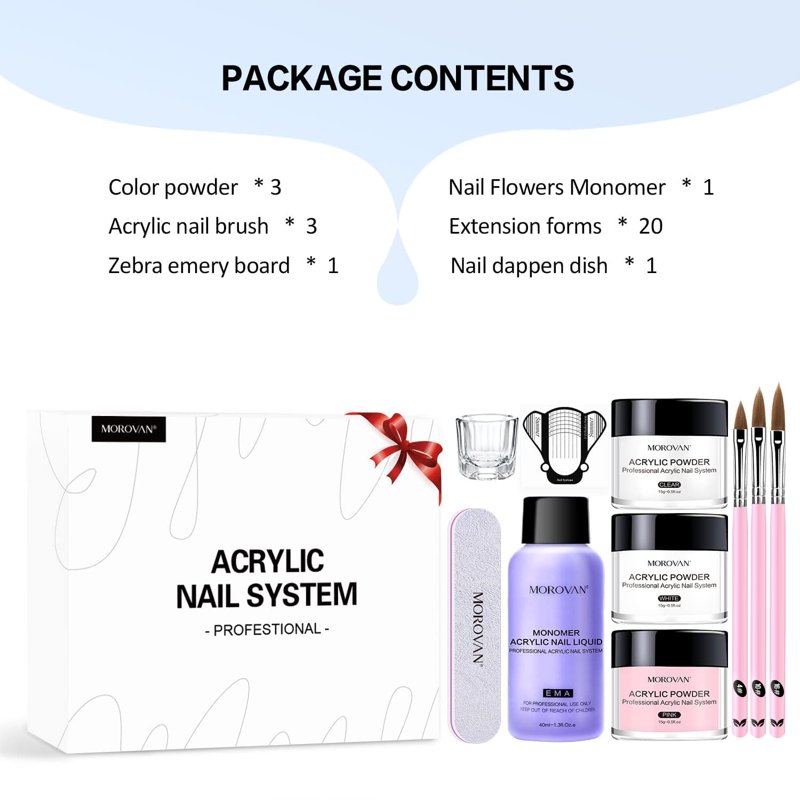 Morovan Acrylic Nail Kit - Clear Pink & White Powder With Liquid Set Nail Brush & Storage Case Beginner DIY Extension System