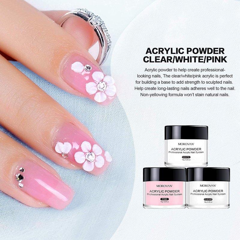 Morovan Acrylic Nail Kit - Clear Pink & White Powder With Liquid Set Nail Brush & Storage Case Beginner DIY Extension System