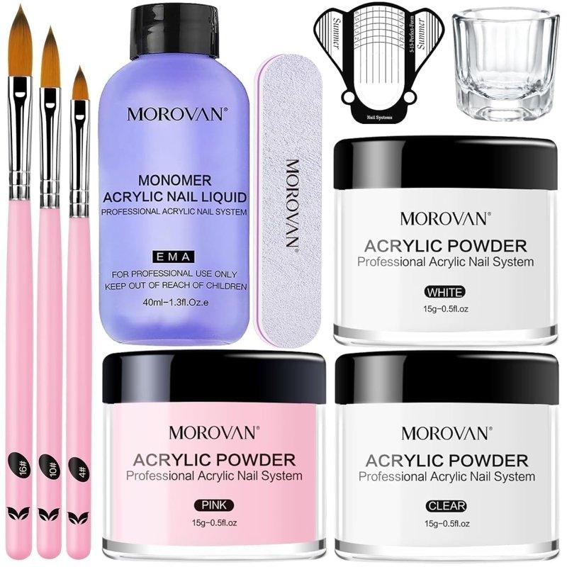 Morovan Acrylic Nail Kit - Clear Pink & White Powder with Liquid Set Nail Brush & Storage Case Beginner DIY Extension System