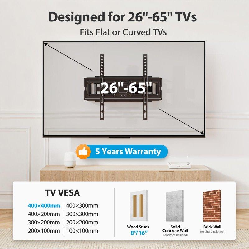 MountFTV Full Motion Articulating TV Wall Mount Bracket For 26-65 Inch TVs Swivels Tilts Extention Leveling Holds Up To 99 Lbs Max 400 X 400mm Fits 16" Wood Stud