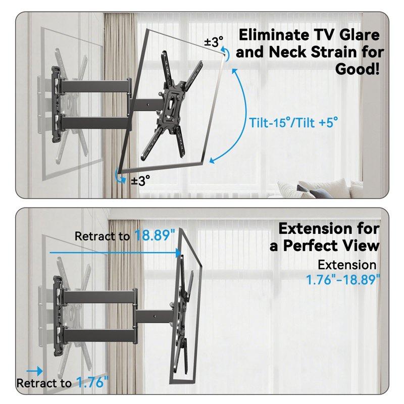 MountFTV Full Motion TV Wall Mount Bracket For 26-65 Inch TVs Corner TV Bracket Wall Mount With Extension Tilt Swivel Leveling Max 400*400mm Holds Up To 77 Lbs Single Wood Studs