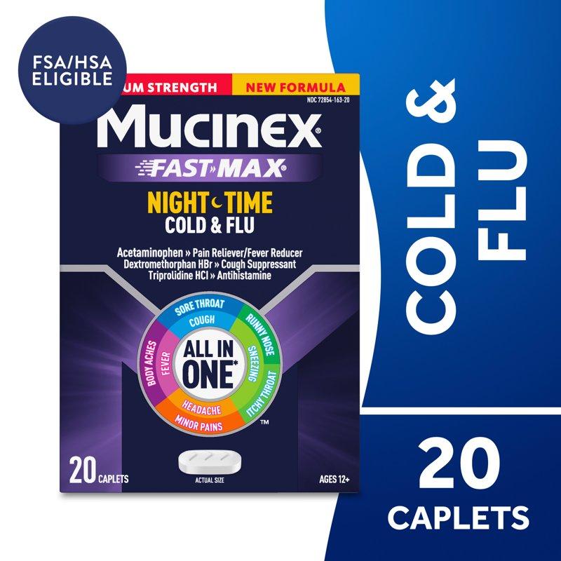 Mucinex Nightshift Cold and Flu Medicine Fever Reducer OTC Nighttime Cough Relief 20 Caplets