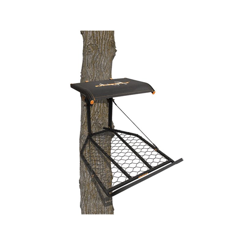 MUDDY Boss XL Hang-on Durable Weather-Resistant Outdoor Hunting Tree Stand Wide Stance Platform with Fixed Footrest & Flip-Back Flex-Tek Seat 300 Pound Maximum Capacity