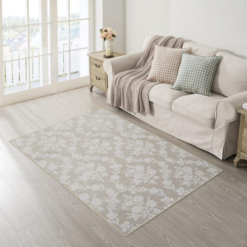 My Texas House Taupe Flower Damask Machine Washable Indoor Area Rug 5' X 7'