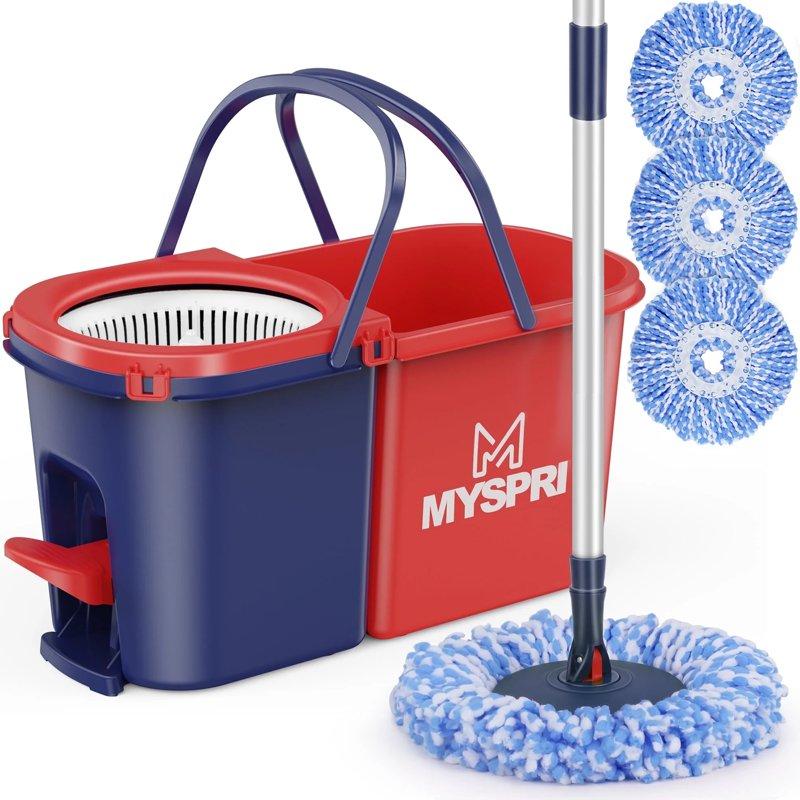 MYSPRI Spin Mop and Bucket System with Wringer Set for Floors Separate Clean and Dirty Water 3 Microfiber Mop Pads MYSPRI Spin Mop and Bucket System with Wringer Set for Floors Separate Clean and Dirty Water 3 Microfiber Mop Pads