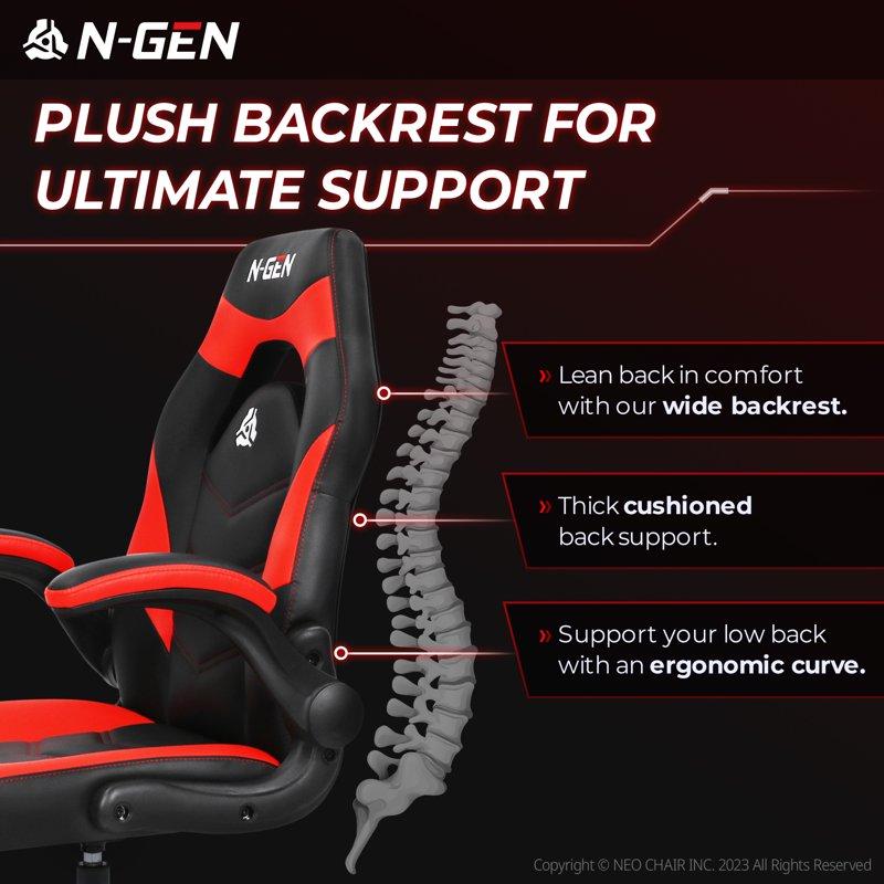 N-GEN Red Gaming Chair Flip-up Armrest Computer Chair Ergonomic Office Chair PU Leather Desk Chair Executive Adjustable Swivel Task Chair