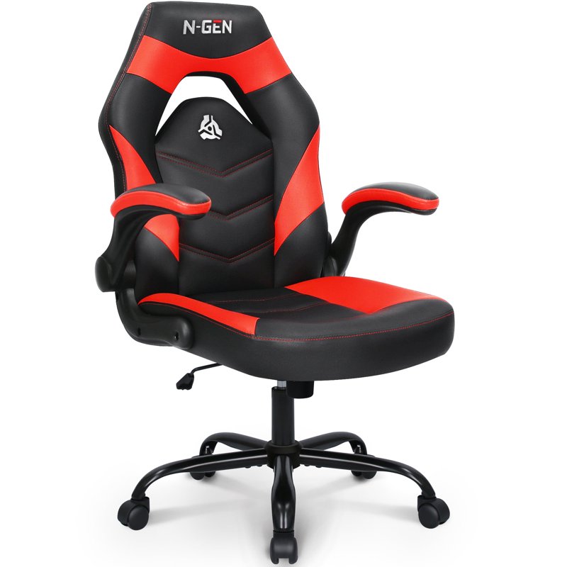 N-GEN Red Gaming Chair Flip-up Armrest Computer Chair Ergonomic Office Chair PU Leather Desk Chair Executive Adjustable Swivel Task Chair