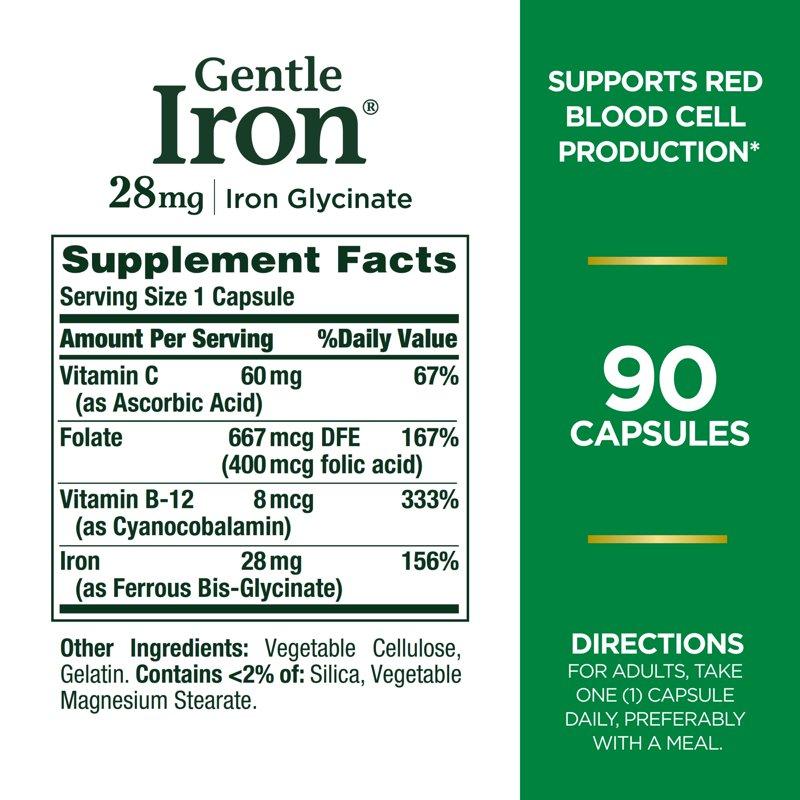 Nature's Bounty Gentle Iron Glycinate 28 Mg Capsules Supports Red Blood Cells 90 Ct
