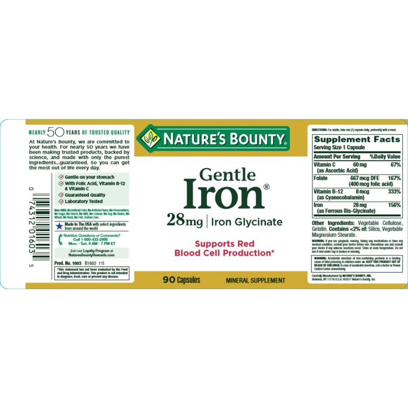 Nature's Bounty Gentle Iron Glycinate 28 Mg Capsules Supports Red Blood Cells 90 Ct
