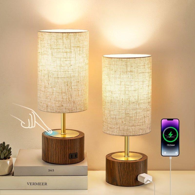 NATYSWAN Small Table Lamps for Bedroom Modern Touch Lamps Set of 2 with USB Ports and Fabric Shade Minimalist Desk Lamp for Living Room Office Dorm Kids Room