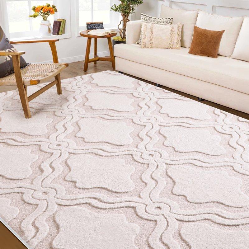 Nefoso Shag Area Rug 8ft x 10ft Washable Area Rugs for Living Room Bedroom Decor Non-Slip Carpet Modern Geometric Beige & Apricot