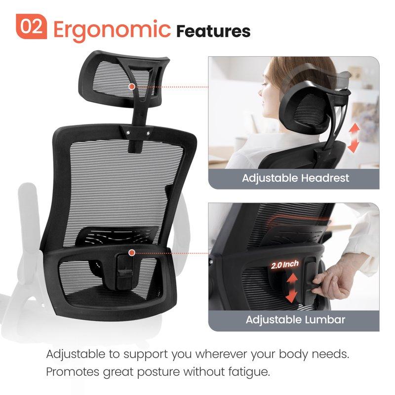 Neo Chair High Back Ergonomic Desk Chair Office Chair Breathable Mesh Desk Chair With Adjustable Lumbar Support And Headrest Black