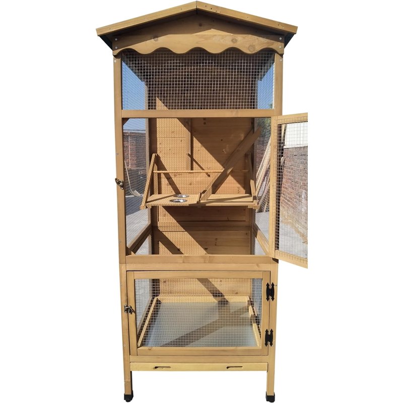 New 70” Large Outdoor Bird Aviary Weatherproof Wooden Indoor Bird Cage Easy Pull Out Clean Tray Asphalt Roof For Finches Doves Parrots Parakeets Canaries Cockatoos Lovebirds Pigeons