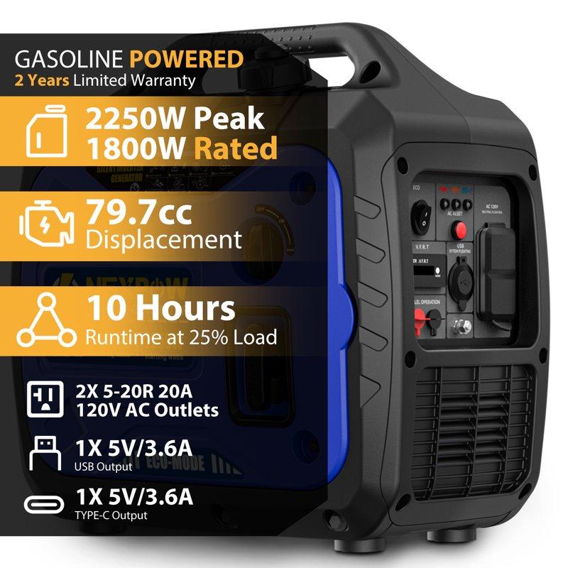 NEXPOW 2250W Portable Inverter Generator Gasoline Power Quiet Lightweight For Backup Home & Camping Eco-Mode Feature Parallel Capability EPA Compliant