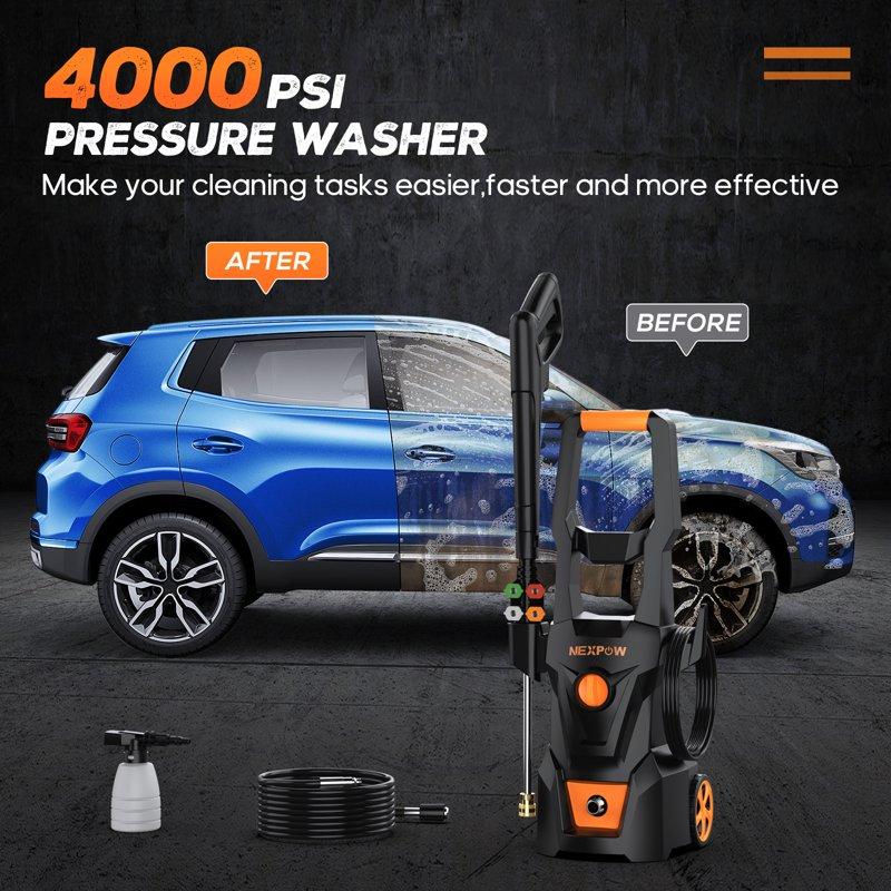 NEXPOW Electric Pressure Washer 4000PSI Max 2.6 GPM Power Washer With 30 Ft Hose 4 Different Pressure Tips Foam Cannon Perfect For Cars Patios