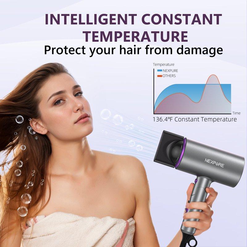 NEXPURE New Upgrade Professional Ionic Hair Dryer 2000W Powerful Blow Dryer With Diffuser And Concentrator Attachments Suitable For Home And Travel Purple