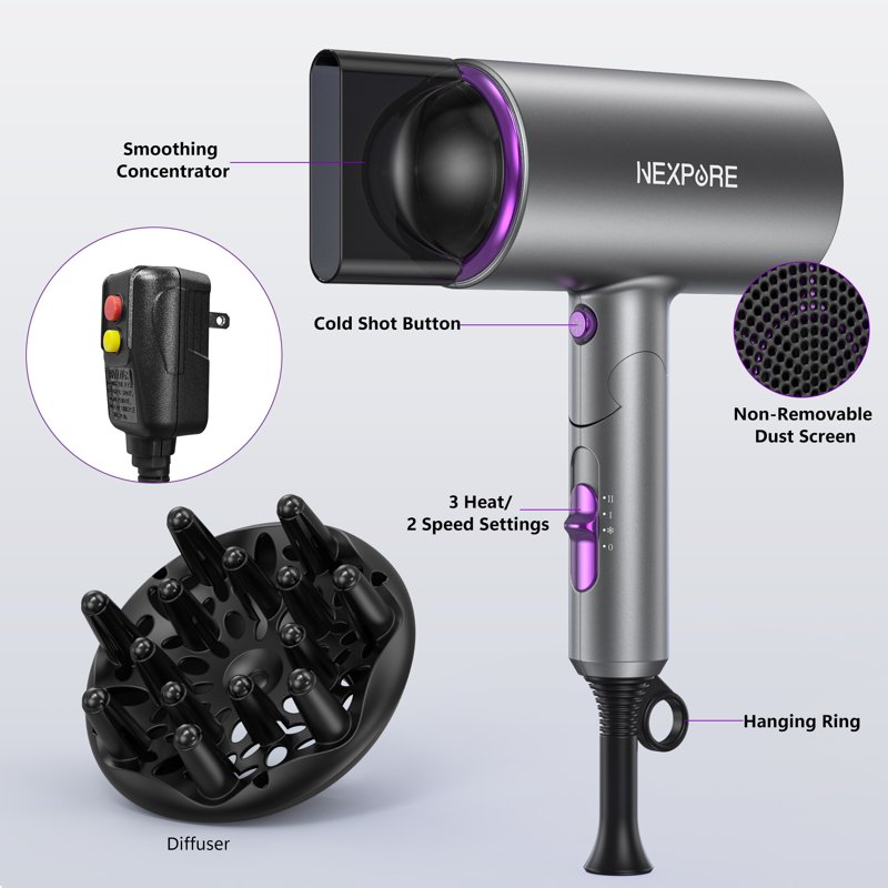 NEXPURE New Upgrade Professional Ionic Hair Dryer 2000W Powerful Blow Dryer With Diffuser And Concentrator Attachments Suitable For Home And Travel Purple
