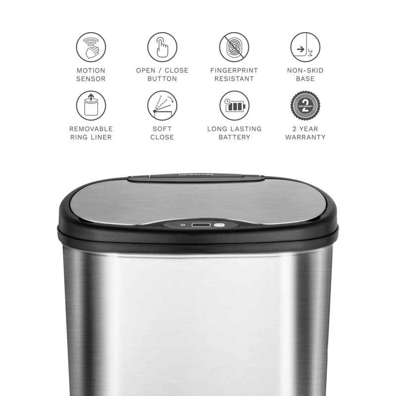 Nine Stars Automatic Kitchen Trash Can 13 Gallon Stainless Steel Motion Sensor Hands Free Soft Close Lid Garbage Bin Silver