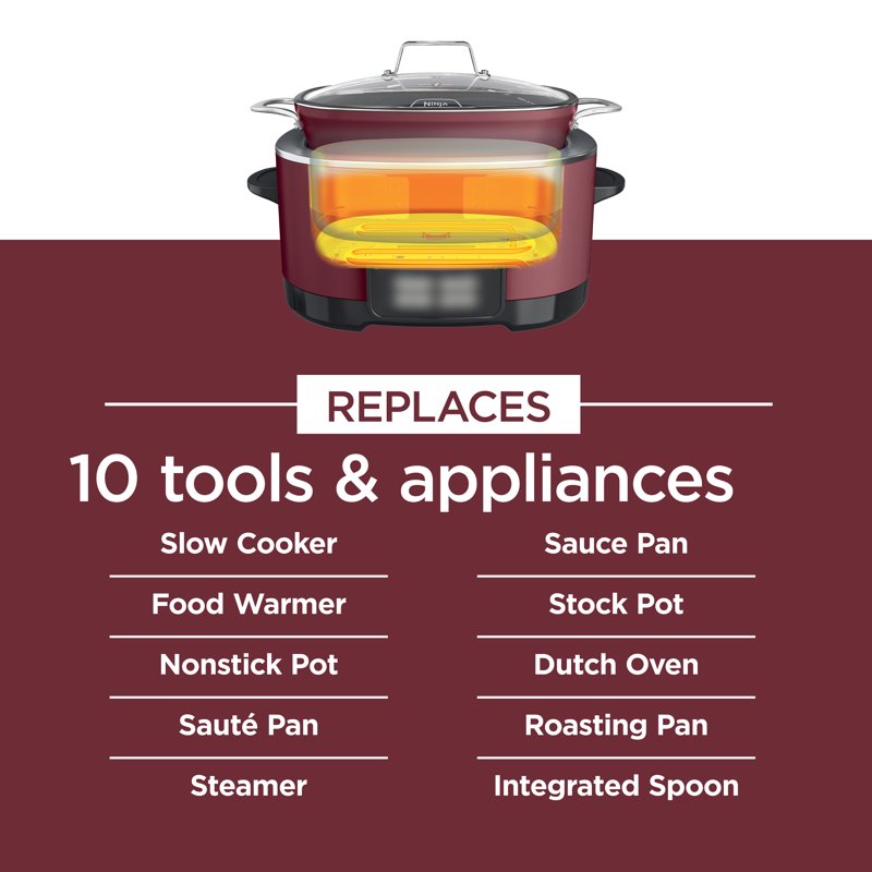 Ninja Foodi Possible Cooker 8.5 Quart 6-in-1 Multi-Cooker Slow Cooker Steamer Glass Lid Integrated Cooking Utensil Nonstick Oven Safe Pot To 500°F Cherry Tarte MC1000WM