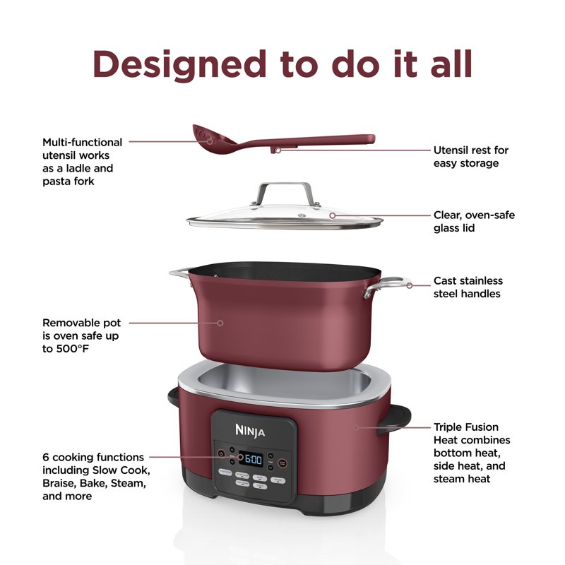 Ninja Foodi Possible Cooker 8.5 Quart 6-in-1 Multi-Cooker Slow Cooker Steamer Glass Lid Integrated Cooking Utensil Nonstick Oven Safe Pot To 500°F Cherry Tarte MC1000WM