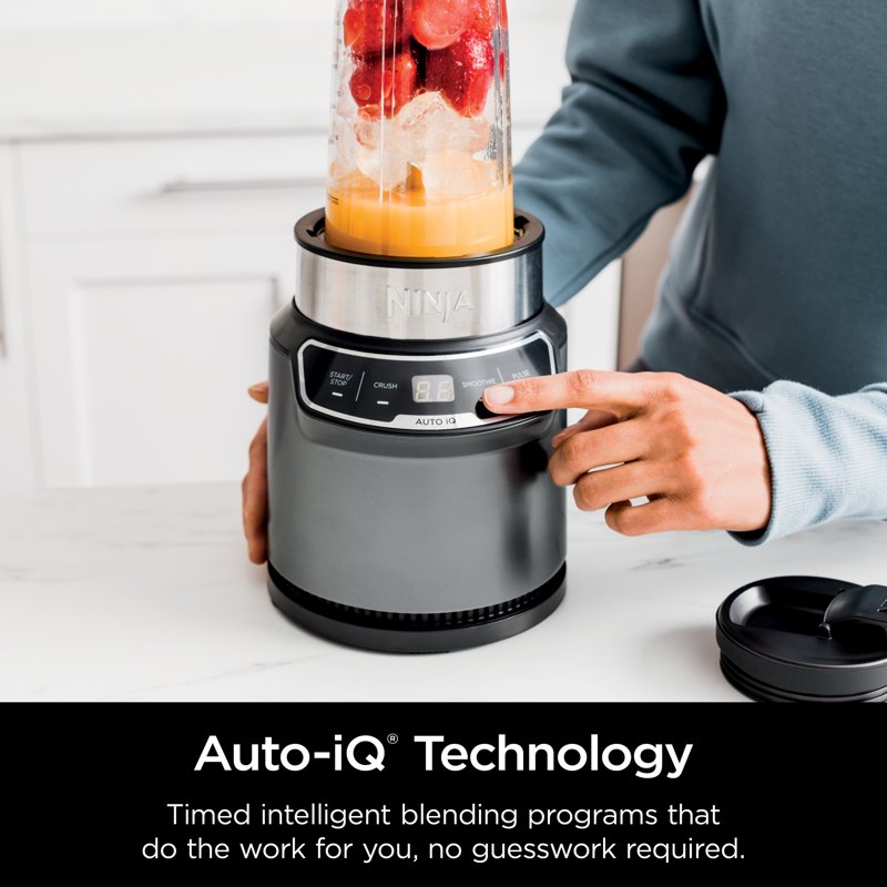 Ninja Nutri Pro Compact Personal Blender Auto-iQ Technology 1000 W Smoothies Crush With 18 Oz And 24 Oz To-Go Cups & Spout Lids Stone Silver BN400